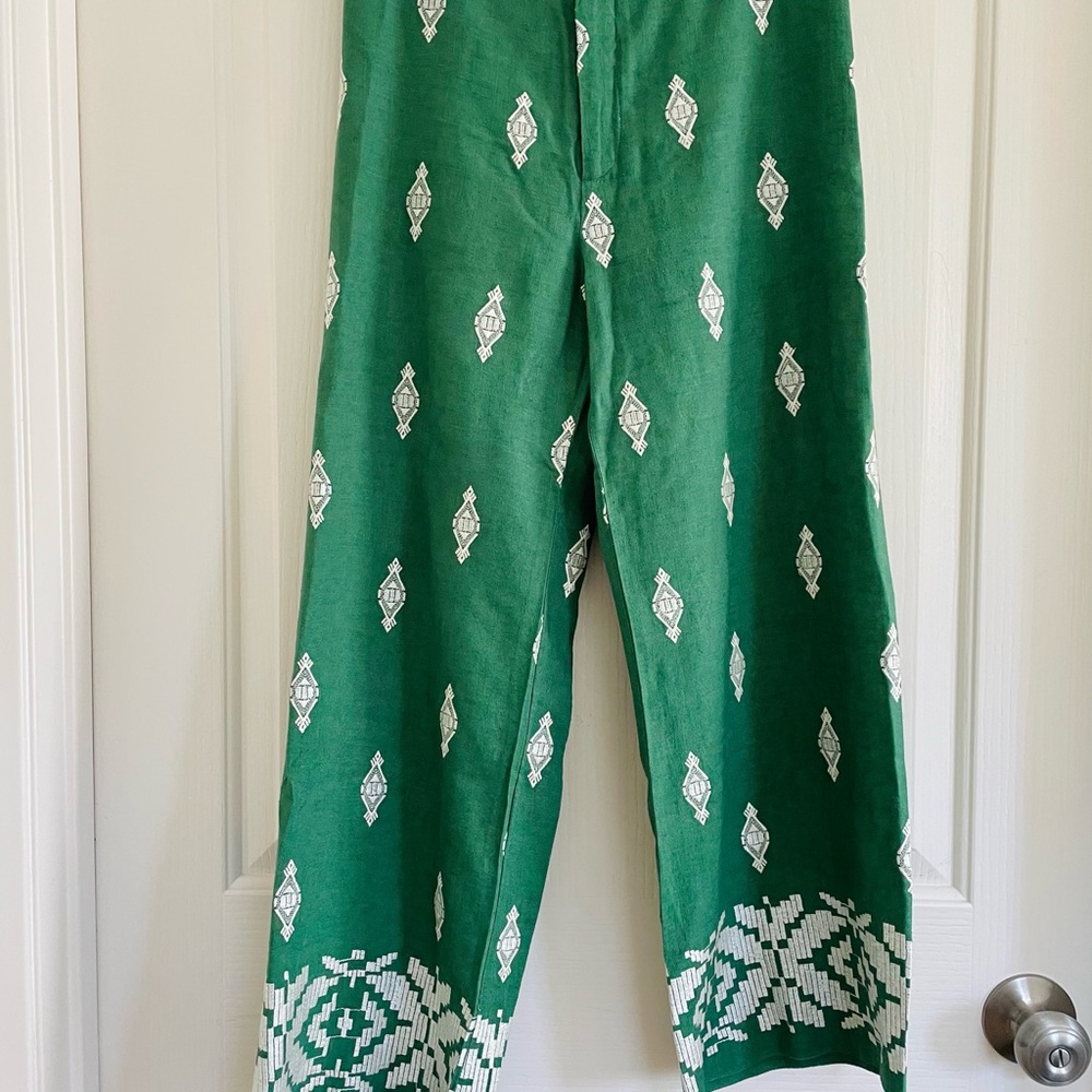 Zara Green and White Patterned Trousers